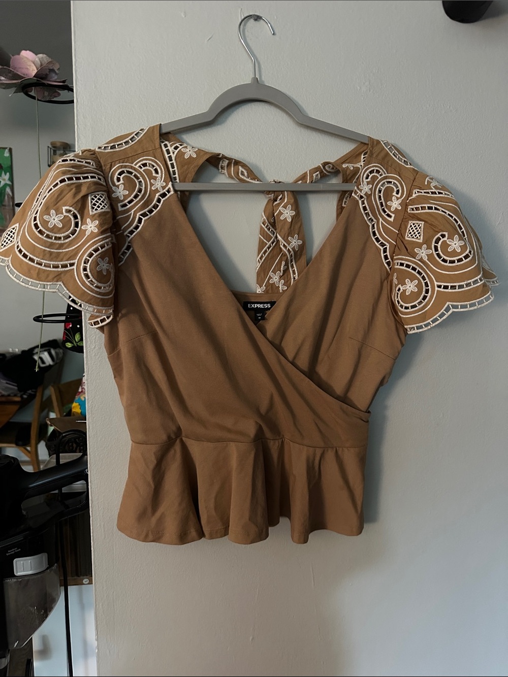 Express Brown V-Neck Peplum Top with Embroidered Puff Sleeves